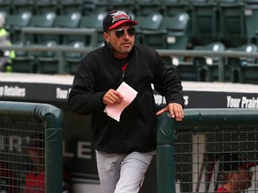 Texas AirHogs manager Billy Martin, Jr., comes out of the dugout to deliver his starting lineup for American Association action against the Winnipeg Goldeyes at Shaw Park Winnipeg on Wed., June 14, 2017. Kevin King/Winnipeg Sun/Postmedia Network