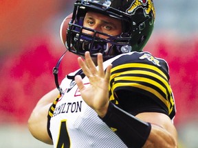 Hamilton Tiger-Cats quarterback Zach Collaros warms up before a CFL game against the B.C. Lions in Vancouver on Aug. 13, 2016. (THE CANADIAN PRESS/Darryl Dyck)