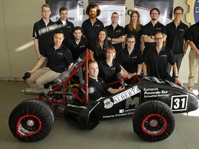 Some of the members of the University of Alberta Formula SAE Race Team, on June 15, 2017, who are are competing against student teams from 80 universities around the world at the Formula SAE Lincoln competition.