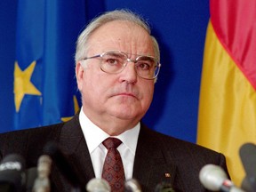 This file photo taken on December 09, 1989 shows West German Chancellor Helmut Kohl giving a press conference at the end of the two-day EEC Summit held in Strasbourg. (MICHEL FRISON/Getty Images)