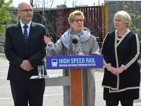 Ontario Premier Kathleen Wynne makes an announcement about high speed rail with London MPP Deb Matthews and transportation minister Steven Del Duca at the Carling Heights Optimist Centre in London, Ontario on Friday May 19, 2017. (MORRIS LAMONT, The London Free Press)