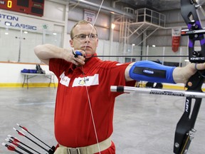 Sgt. Kristopher Vaughan will be competing in archery at the Invictus Games hosted in Toronto in September. Vaughan and the rest of Team Canada were at CFB Kingston for a training camp this week. Vaughan, and the other archers, honed their skills in the Constantine Arena in Kingston, Ont. on Thursday June 15, 2017. Steph Crosier/Kingston Whig-Standard/Postmedia Network