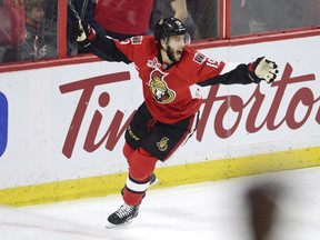 Ottawa Senators centre Derick Brassard celebrates after scoring against the New York Rangers late to tie the game during Game 5 on May 6, 2017. (THE CANADIAN PRESS/Adrian Wyld)
