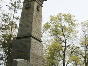 The sandstone monument at Alexander Mackenzie's gravesite in Sarnia is in need of work. Environment Minister Catherine McKenna says, in a letter to Sarnia Mayor Mike Bradley, there's a plan. (Tyler Kula/Sarnia Observer)