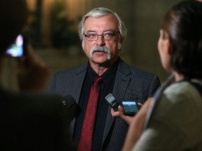NDP labour critic Tom Lindsey speaks to reporters after Question Period at the Manitoba Legislative Building in Winnipeg on Tues., May 16, 2017. Kevin King/Winnipeg Sun/Postmedia Network
