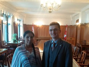 Charmaine Stick with MP Tom Kmiec, discussing efforts to enforce the law on First Nations transparency act. (Twitter/Tom Kmiec)