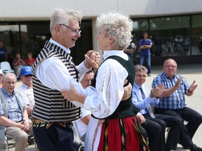 Hans Myrskog and Leena Petaja dance to music at the opening ceremonies of the Sudbury Suomi Fest at Tom Davies Square in Sudbury, Ont. on Friday June 16, 2017. The festival continues on the weekend with activities and celebrations at Cambrian College. John Lappa/Sudbury Star/Postmedia Network
