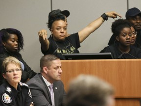 Members of Black Lives Matter disrupt the meeting of the Toronto Police Services Board on Thursday June 15, 2017. (Veronica Henri/Toronto Sun)