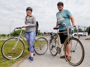 Claire Basinski and Justin Jones stand in Centennial Park after leading Saturday's ride to promote the Quinte West Active Transportation Plan. They're encouraging people to comment on proposed routes for walking, cycling and more.