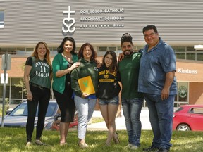 Don Bosco Catholic School on Dixon Rd. has seen a reduced enrolment over the past years and has finally closed its doors. A committee of people lead by Eva Larent is holding huge party final farewell on Saturday June 24 from 2 p.m. until midnight at the school. Alumni committee (L-R) Helen Reilly, class of 1988 Stephanie Perrella, class of 1986-91, Eva Larent, chairman of the Don Bosco final farewell reunion - class of 1982-97, Callie Conforti, just graduated, Giuseppe Meleca, class 1991-96 and John Menardi class of 1978-83 who went to the original school further down the street. on Friday June 16, 2017. (Jack Boland/Toronto Sun)