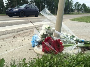 Flowers rest at the Suder Greens Dr. crosswalk  on Sunday, June 18, 2017 where a 57-year-old woman and her dog were killed crossing the street Saturday. Photo by David Bloom/Postmedia