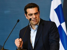 Greek Prime Minister Alexis Tsipras gives a press conference after a Greece-Israel-Cyprus summit on offshore oil and gas in the eastern Mediterranean and environmental issues in Thessaloniki on June 15, 2017. / AFP PHOTO / SAKIS MITROLIDISSAKIS MITROLIDIS/AFP/Getty Images