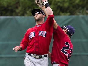 Brantford Red Sox center fielder Chris Dennis makes the catch while colliding with right fielder Nate DeSouza during the second inning of their game against the London Majors at Labatt Park in London, on Sunday. The game was called off due to rain after three innings of play. (DEREK RUTTAN, The London Free Press)