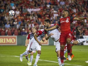 Toronto FC’s Jordan Hamilton scores his team’s second goal against D.C. United during Saturday’s game at BMO Field. (ERNEST DOROSZUK/Toronto Sun)