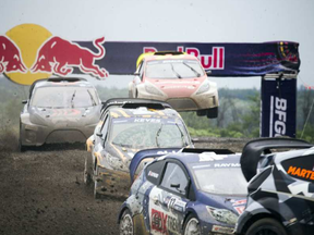 For the first time the Red Bull Global Rallycross made a Canadian stop over the weekend at the Canada Aviation and Space Museum. A pile of racers all made their way over the jump very closely Sunday June 18, 2017. Ashley Fraser/Postmedia Ashley Fraser, Postmedia ASHLEY FRASER / OTTAWA CITIZEN