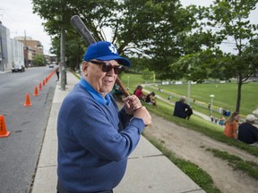 IBL Maple Leafs owner Jack Dominico stands near a row of pylons, which prevented any parking along Christie St. during his team's game on Sunday, June 18, 2017. (ERNEST DOROSZUK/TORONTO SUN)