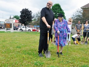 Main Street United Church’s Rev. Tom Dunbar and Jean Mitchell, who’s 100-years of age, joined together along with the congregation for a ceremonial groundbreaking of their new $1.1 million church building this past Sunday, June 18. The former church was deemed unsafe in 2013 and construction of the new church is expected to begin in early August. Seven months later, God willing, a new church will stand in its place. ANDY BADER/MITCHELL ADVOCATE