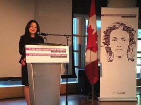 Minister of Status of Women Maryam Monsef announces Canada's new gender-based violence strategy in Ottawa on June 19, 2017. (Twitter/@farrah_khan)