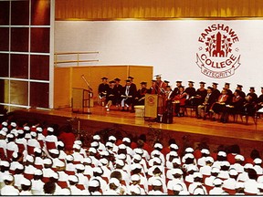 An early Fanshawe College class celebrates graduates in this photo, believed to be from the late 1960s. (Handout)