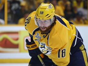 James Neal of the Nashville Predators prepares for the face-off against the Pittsburgh Penguins during Game 3 of the Stanley Cup Final at the Bridgestone Arena on June 3, 2017. (Bruce Bennett/Getty Images)