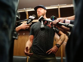 Ottawa Senators defenceman Marc Methot speaks to reporters as players clean out their lockers at the Canadian Tire Centre on May 27, 2017. (Patrick Doyle/Postmedia)