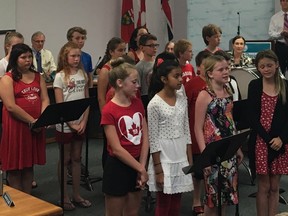 BRUCE BELL/ THE INTELLIGENCER
Park Dale Public School students sing Thank You Canada before Monday night's Hastings and Prince Edward District School Board meeting. The song was written by their teacher Miss Vivian Thompson.