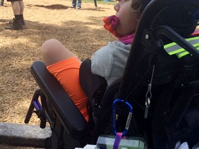 Chloe Nicol, 8, sits in her wheelchair at Foldens Park on Saturday. (Karen Nicol/Submitted)