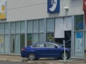 A vehicle crashed into the Michigan Avenue Shoppers Drug Mart in Sarnia Monday. No charges were laid, police said. (Handout)