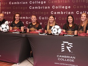 Cambrian College signed 15 student athletes to it's various varsity teams in Sudbury, Ont. on Monday June 19, 2017. Signing for the women's soccer team  with coach Giuseppe Politi are from left, Kaitlyn Rocca, Alexis Belanger, Ashley Nollner, Brianna Scarfone and Kayleigh Coufal.Gino Donato/Sudbury Star/Postmedia Network