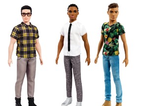 This photo combo of images provided by Mattel shows a variety of Ken dolls now available from Mattel. Mattel announced Tuesday, June 20, 2017, that the company is introducing 15 new looks for the male doll, giving him new skin tones, body shapes and hair styles. (Courtesy of Mattel via AP)