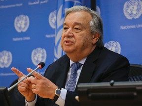 United Nations Secretary-General António Guterres speaks during his first press conference with U.N. correspondents on World Refugee Day Tuesday, June 20, 2017, at U.N. headquarters. (AP Photo/Bebeto Matthews)