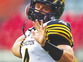 Hamilton Tiger-Cats QB Zach Collaros warms up before a CFL game against the B.C. Lions in Vancouver on Aug. 13, 2016. (THE CANADIAN PRESS/Darryl Dyck)