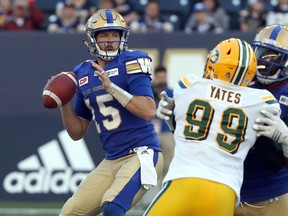 Winnipeg Blue Bombers QB Matt Nichols drops back to pass during CFL exhibition action against the Edmonton Eskimos in Winnipeg on Thurs., June 15, 2017. (Kevin King/Winnipeg Sun)