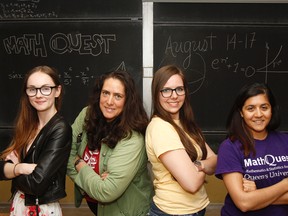 Registration for Math Quest, summer math camp for high school girls, is open and the instructors can't wait to meet the new participants and share their passion for math of all kinds. Queen's University students Liz Fletcher, left, Siobhain Broekhoven - Math Quest director, Kariane Ouellet and Divya Lala in Jeffery Hall at Queen's University in Kingston, Ont. on Thursday June 15, 2017. Julia McKay/The Whig-Standard
