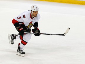 In this March 31, 2016, file photo, Ottawa Senators' Marc Methot plays against the Minnesota Wild in the first period of an NHL hockey game, in St. Paul, Minn. (AP Photo/Jim Mone, File)