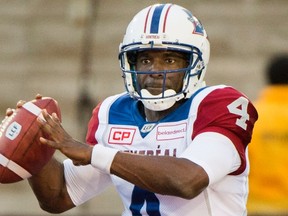 Montreal Alouettes quarterback Darian Durant throws a pass during CFL pre-season action against the Ottawa Redblacks in Montreal on June 15, 2017. (THE CANADIAN PRESS/Graham Hughes)