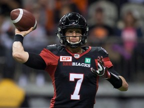 Ottawa Redblacks quarterback Trevor Harris passes against the B.C. Lions during a CFL game in Vancouver on Oct. 1, 2016. (THE CANADIAN PRESS/Darryl Dyck)