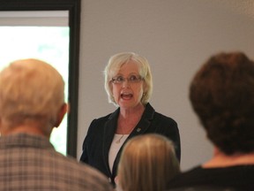 London West MPP Peggy Sattler addresses seniors' health care concerns at the Berkshire Club in London. (CHARLIE PINKERTON, The London Free Press)
