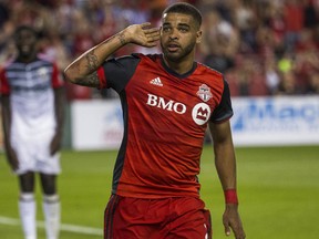 Toronto FC's Jordan Hamilton scores against D.C.United during MLS action at BMO Field in Toronto on June 17, 2017. (Ernest Doroszuk/Toronto Sun/Postmedia Network)