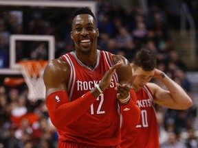 Houston Rockets Dwight Howard laughs at the refs after receiving a flagrant foul in the second quarter in Toronto on March 6, 2016. (Jack Boland/Toronto Sun/Postmedia Network)