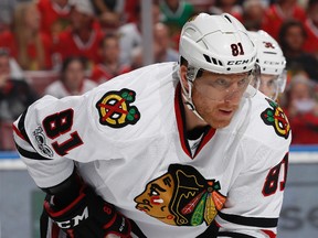 Chicago Blackhawks right wing Marian Hossa (81) prepares for a face off against the Florida Panthers March 25, 2017 in Sunrise, Fla.  (AP Photo/Joel Auerbach)