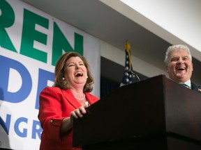 Georgia's 6th Congressional district Republican candidate Karen Handel gives a victory speech to supporters gathered at the Hyatt Regency at Villa Christina on June 20, 2017 in Atlanta, Georgia. Republican Karen Handel becomes the 6th Congressional district congress woman to replace Secretary of Health and Human Services Tom Price. Handel defeated Democrat Jon Ossoff in the special election. (Photo by Jessica McGowan/Getty Images)
