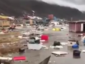 Video screenshot of destruction left by tsunami that hit Greenland. (Twitter screen grab/Breaking911)
