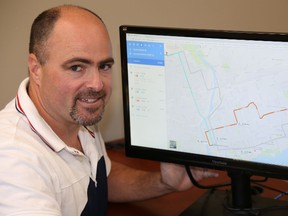 Jason Miller/The Intelligencer 
Transit manager, Matt Coffey, displays a computer monitor highlighting transit routes on Google Maps.