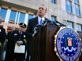 Federal Bureau of Investigation Washington Field Office, Special Agent in Charge, Timothy Slater, with Alexandria Police Department Chief Michael Brown, from left, and United States Capitol Police Chief Matthew Verderosa, speaks to reporters outside the FBI Washington Field Office, Wednesday, June 21, 2017, during a news conference about the investigative findings to date in the shooting that occurred at Eugene Simpson Stadium Park in Alexandria, Va. on Wednesday, June 14, 2017. (AP Photo/Manuel Balce Ceneta)