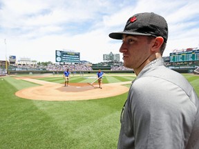 Gabriel Vilardi checks out the field during the NHL Draft prospects media tour at Wrigley Field on June 21, 2017 in Chicago. (Jonathan Daniel/Getty Images)