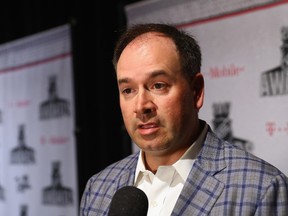 Pierre Dorion of the Ottawa Senators is interviewed during media availability for the NHL Awards at Encore Las Vegas on June 20, 2017. (Bruce Bennett/Getty Images)