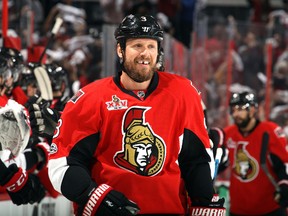 Marc Methot of the Ottawa Senators celebrates with his teammates after scoring in Game 3 of the Eastern Conference final May 17, 2017 in Ottawa. (Jana Chytilova/Freestyle Photo/Getty Images)