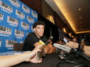NBA draft prospect Lonzo Ball speaks to the media in New York on June 21, 2017. (Getty Images)