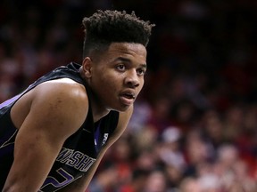 In this Jan. 29, 2017, file photo, Washington guard Markelle Fultz is shown during the second half of an NCAA college basketball game against Arizona, in Tucson, Ariz. (AP Photo/Rick Scuteri, File)